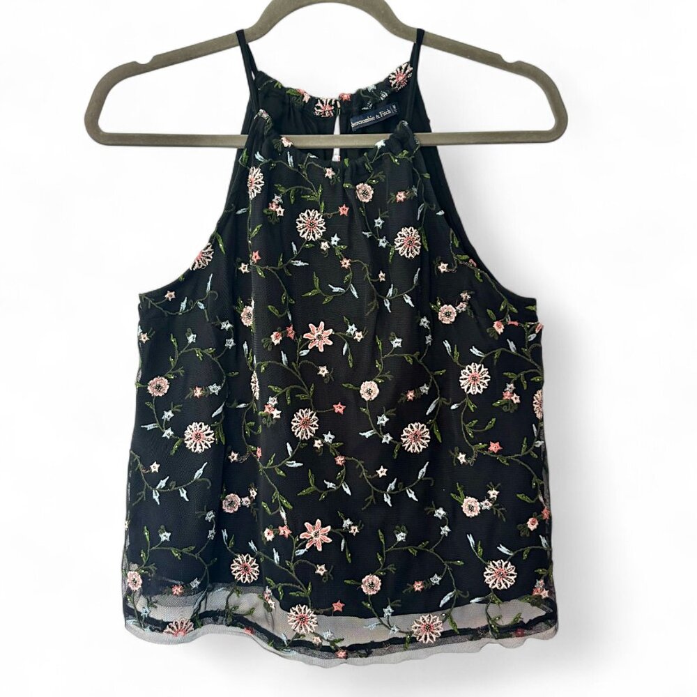Abercrombie & Fitch Sz M Floral Mesh Beaded Embroidered Black Halter Top